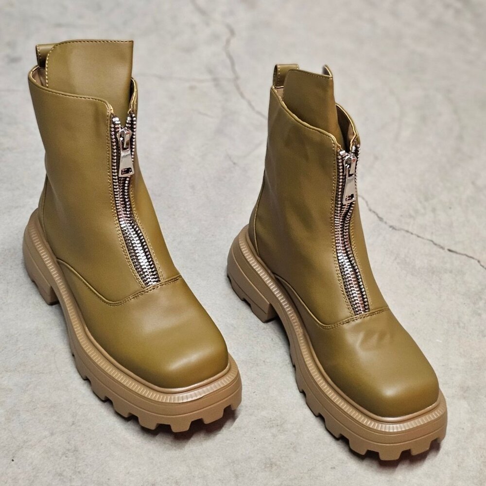 Chunky Sole Olive Green Leather Ankle Boots With Front Zipper And Lug Outsole Fo